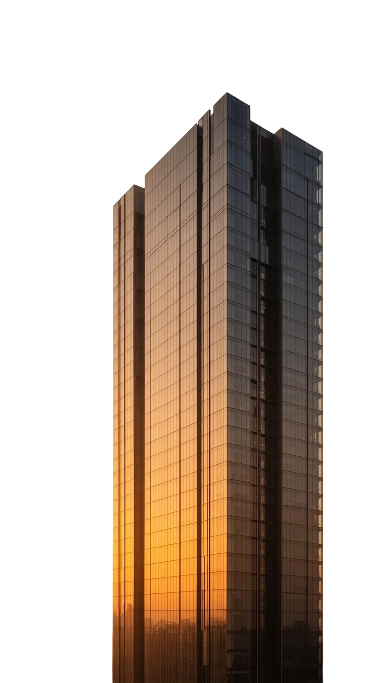 Modern glass tower at golden hour — Highmark flagship asset